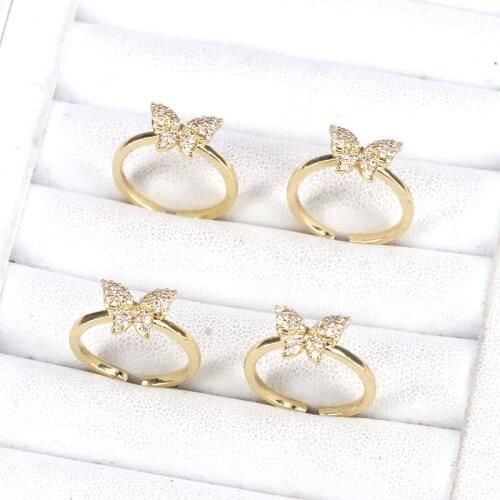10Pcs Gold Color Cubic Zircon Butterfly Rings Women Copper Jewelry Adjustable Wedding Party Gift