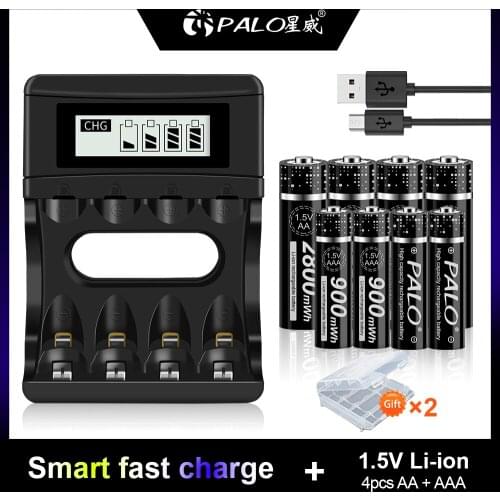 PALO 1.5V AA Rechargeable Li-ion Battery 2800mWh/1.5V AAA 900mWh Lithium Rechargeable Batteries with LCD Display Smart Charger