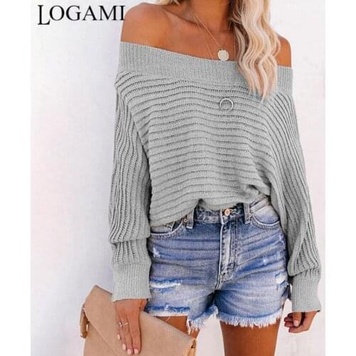 LOGAMI Bat Sleeve One Shoulder Pullover Women Autumn Winter Casual Sweaters Woman Loose Pullovers Knitwear