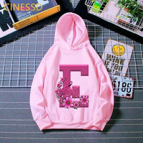 Cute Alphabet E Letter Print Pink Hoodies Girls Kawaii Kids Clothes Music Love Flower Sweatshirt Harajuku Children Clothing