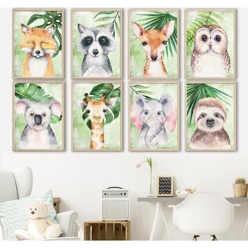 Green Leaf Jungle Animals Owl Fox Raccoon Koala Wall Art Canvas Painting Nordic Posters And Prints Wall Pictures Kids Room Decor