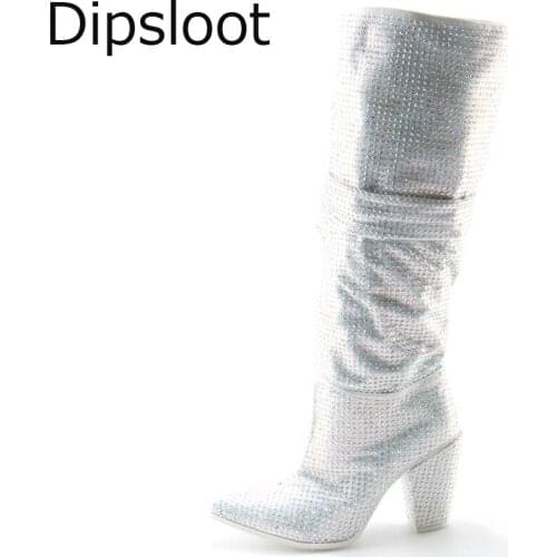 Sexy Ladies Luxury Shiny Crystal Drilled Women Knee High Boots Pointy Toe Chunky Heels Boots Slip On Rhinestone Knight Boots
