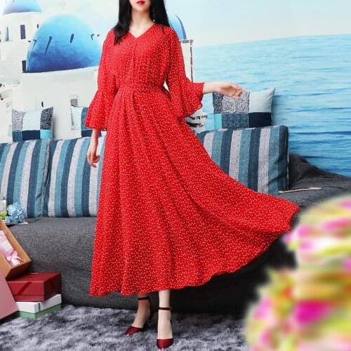 Runway Maxi Dress Plus size Womens Bell Sleeve Loose Waist Vintage Small Hearts Print Chiffon Party Holiday Long Dress