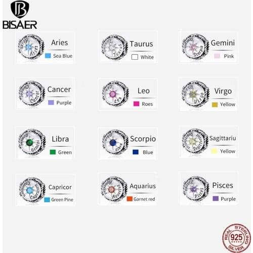 BISAER New Shining Aries Beads 925 Sterling Silver Twelve Constellations Pendant Charms Fit DIY Women Bracelet Jewelry ECC1725
