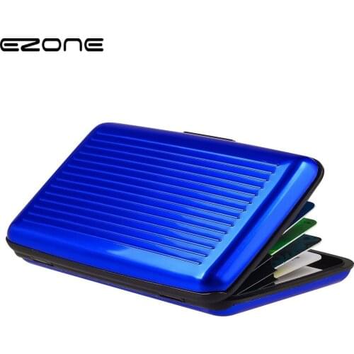 EZONE Business Card Holder ID Credit Card Wallet Box Aluminum Alloy Blue Commercial Metal Box Pocket Anti-theft Anti-degaussing