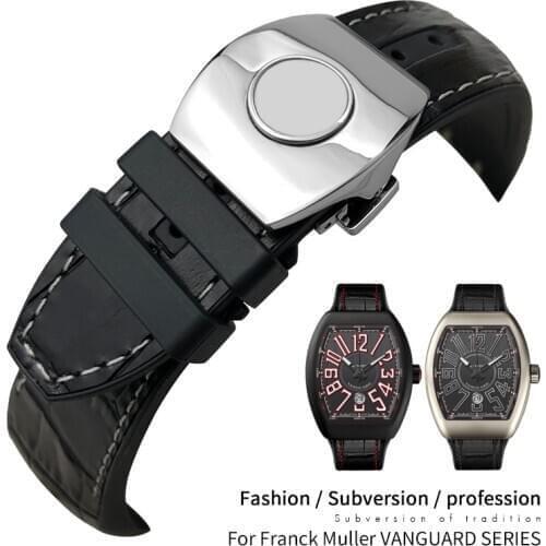 28mm Cowhide Rubber Watch Band Replacement for Franck Muller V45 Bracelets Genuine Leather Silicone Strap Steel Folding Buckle