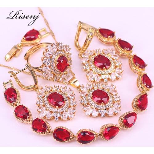 Lucky Color Luxury Red Zircon Rose Gold Bridal Jewelry Adjustable Ring Earrings Necklace Bracelet Drop Shipping Bridal Jewelry