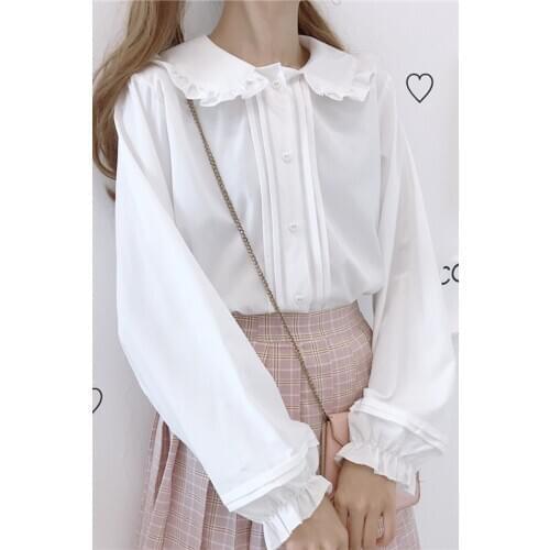 Girl Black White Long Sleeve Lolita Shirt Women Blouses Retro Vintage Blouse Shirts For Woman Sweet Peter Pan Collar Tops Party