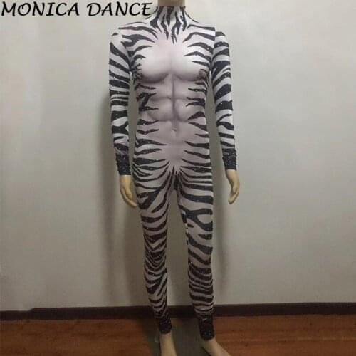 Stage Zebra Printed Bling Stones Jumpsuit Prom Party Celebrate Performance Outfit Glisten Crystals Rompers Costume Rompers