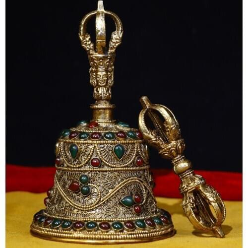 Tibet Buddhism Old Tibetan silver Filigree Mahakala head statue Old rattle Vajra Bells Dorje Vajra Phurpa Exorcism Town House