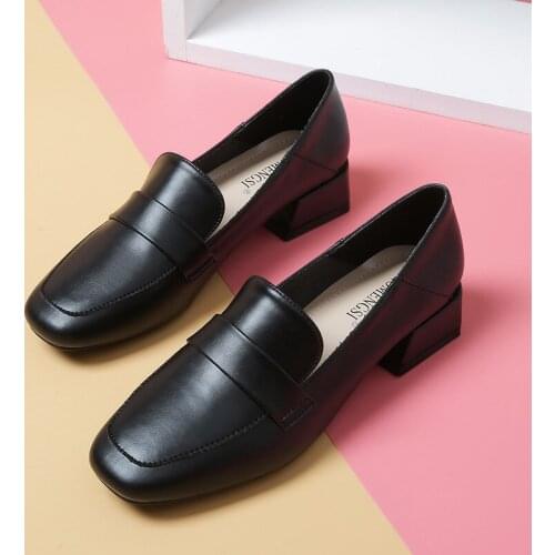 Square head shallow mouth thick heel shoes womens new small leather shoes womens two wear soft soled leisure Lefu shoes women