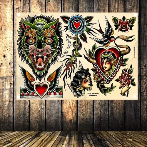 Vintage Tattoo Poster Flag Banner Four-hole Tapestry Canvas Art Cloth Painting Bar Coffee Barber Shop Bedroom Home Decoration