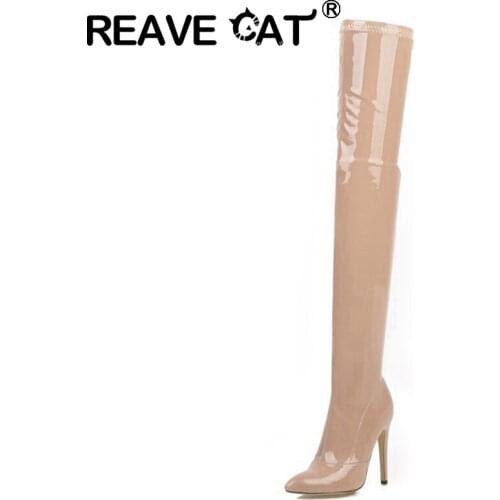 REAVE CAT 2021 Over The Knee Boots Sexy Stretch Zip Short Plush Flexible 7.5CM 10CM 11CM Thin Heel US18 Black Red White A4435