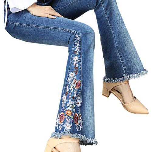 2020 spring autumn women vintage Chinese style floral embroidery high waist slim flare jeans elastic denim distressed jeans Y675