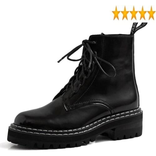 Up British High-Top Ankle Lace Women Luxury 100% Real Leather Vintage Platform Black Motorcycle Boots Zapatos De Mujer