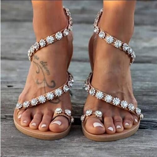 Womens Rhinestone Sandals 2020 Summer Casual Style Ladies Flat Beach Sandals Party Women Sandals