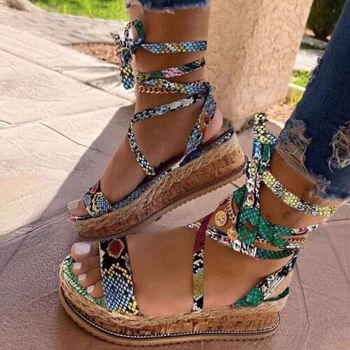 2021 Summer New Retro Ladies Sandals Leopard Print Flat Bottom Ladies Sandals Wedges Women Shoes Ladies Casual Lace-up Shoes