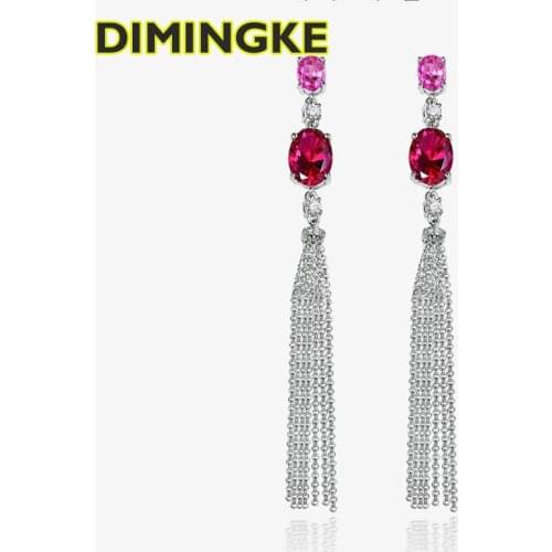 DIMINGKE Vintage 8*11MM Ruby Tassel Earrings 100%-S925 Sterling Silver Female Jewelry Party Birthday Gift