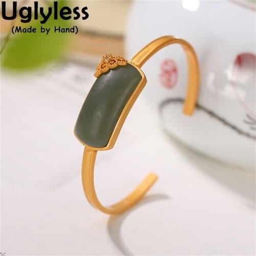 Uglyless Gold Surface Inside 925 Silver Bangles for Women Rectangle Square Jade Bangles Hollow Vines Corner Gemstones Jewelry