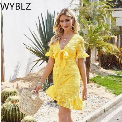 WYBLZ Elegant Summer Women Dresses V Neck Bandage Cotton Bow Robe Hollow Out Ruffel Short Sleeve Sexy Party Ladies Vestidos