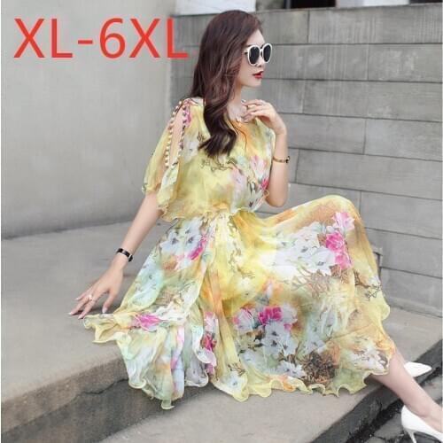 New ladies summer plus size long dress loose casual large floral chiffon yellow print flowers ruffles dress 3XL 4XL 5XL 6XL 7XL