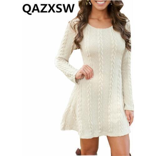 2019 Spring Autumn Large Size Fashion Casual Sexy Twisted Sweater Round Collar Long Sleeve Solid Knit Dress Women Dresses ZW008