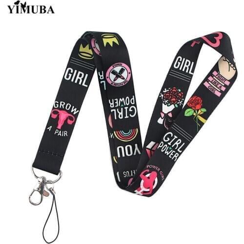 Feminist Girl Power Lanyard Key Chain Mobile Phone Hanging Rope Lariat Pink Cartoon Print Ribbon Neck Straps Key Ring Women Gift