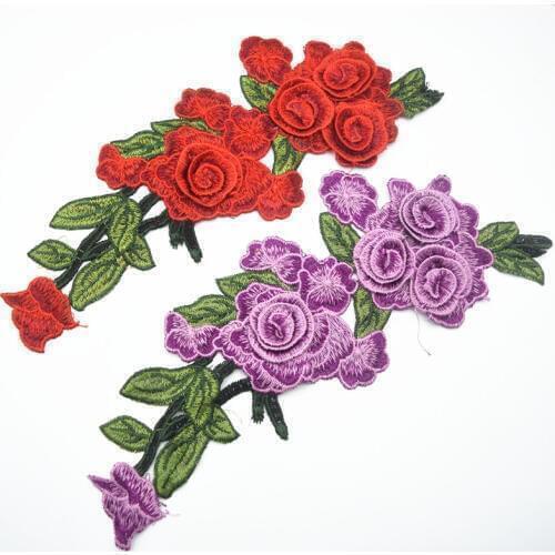 10pcs Red and purple 3D Red Flower Embroidery Lace Fabric Applique Cord Patches Trimming