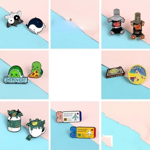 2pcs/set Pins Tortoise Flower Heart Ticket Demon Whale Enamel Metal Pins Brooches Badges Lapel Clothes Pins Women Jewelry Gifts