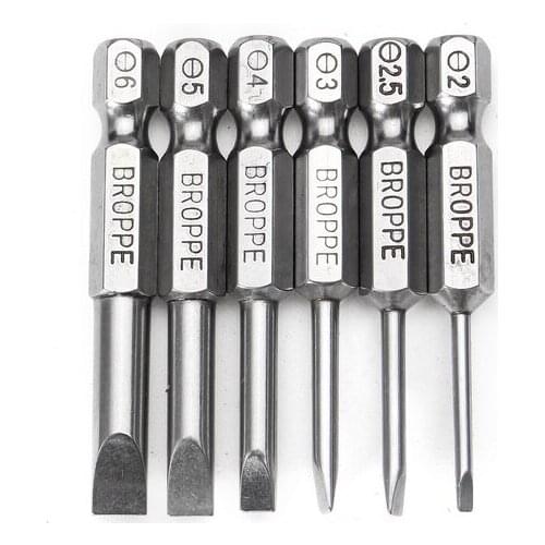 6Pcs 50mm Magnetic 2.0-6.0mm Flat Head Slotted Tip Screwdrivers Bits