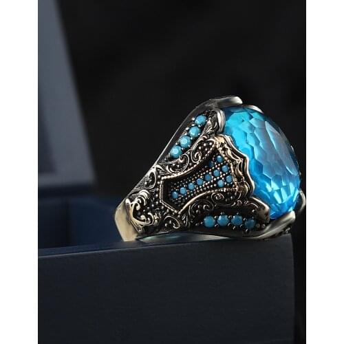 925 sterling Silver Detailed Designed Crystal Cut Blue Zircon Men Ring