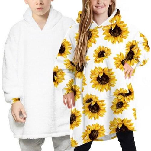 Oversized Plush Hooded Robes 7-13 Years Girls Mink Fleece Cartoon Print Front Pocket Both Sides Long Sleeve Winter Warm Homewear