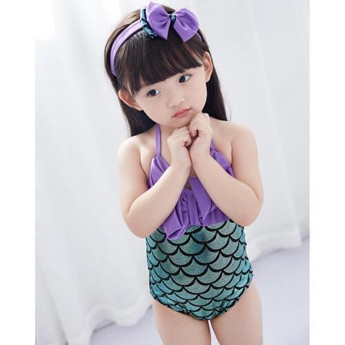 Kids One Pieces Swimsuit Mermaid Bow Girl Swimwear Child Bodysuit Bow Headband for Gift Bathing Suit Beachwear 2019 New S8D904X