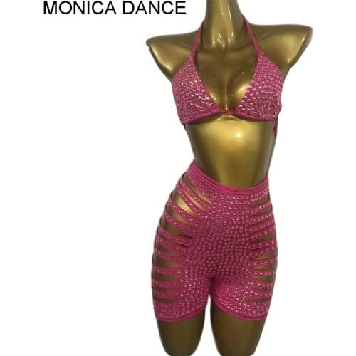 Women Sexy Stage Sparkly Pink Stones Bikini Set Costume Rhinestones Bra Short Outfit Prom Birthday Celebrate Dance Outfit