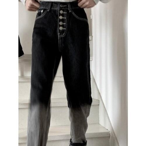 Womens Vintage Gradient Black High Waist Jeans Womens Spring Summer Bf Style Straight Long Denim Casual Loose Pants For Women