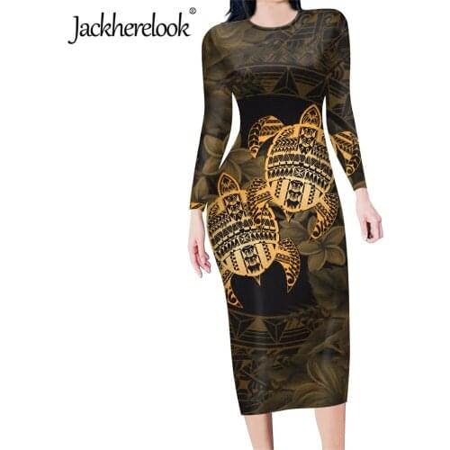 Jackherelook Polynesian Samoan Hawaiian Turtle Print Elegant Long Sleeved Bodycon Dress for Womens Slim Tunics Pencil Dresses
