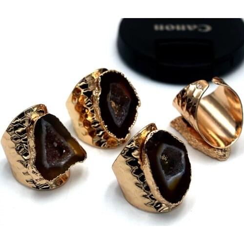 4Unik Multi-Color Gilded Drusy Agate Ring Natural Stone Jewelry Luxury Anniversary Ring Girl Friend Gifts Dropship 4UN-R107