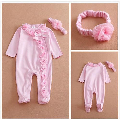 0~7M Long Sleeve Newborn Baby Girls Romper Jumpsuit Clothes Outfits Set Headband attached