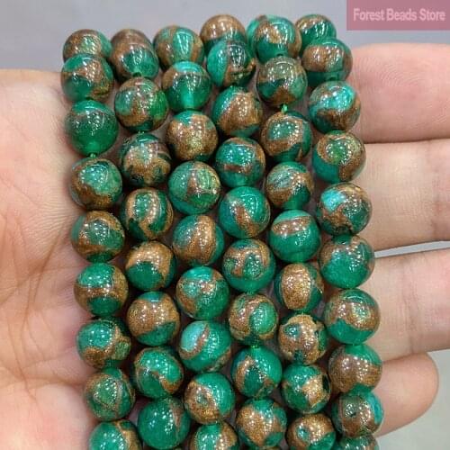 Natural Green Golden Stripe Cloisonne Stone Loose Round Beads for Jewelry Making 15" Strand 4 6 8 10 12MM Diy Bracelet Necklace