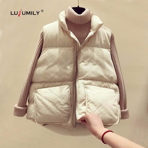 Lusumily Winter White Cotton Vest Women Light Warm Waistcoat Thick Vest Female Sleeveless Coat Lady Snow Vest For Cold Winter