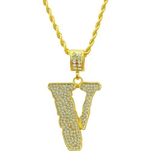 Marcatsa Full CZ Iced Out Bling Charm V Letter Men Necklace Hip Hop Chain Necklaces Pendants Punk Rock Jewelry Gift Dropshipping