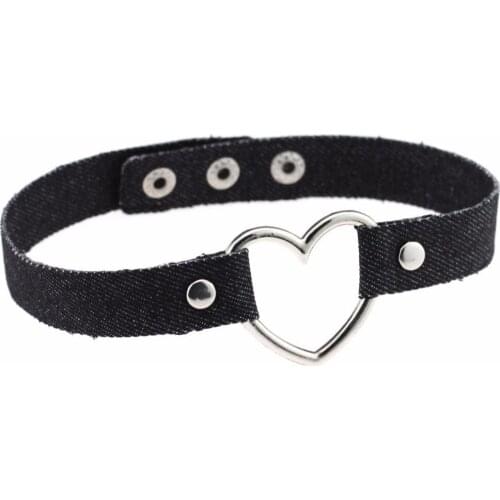 Handmade Hippie Wide Blue Black Denim Jeans Fabric Strip Hollow Silvery Heart Love Charm Adjustable Choker Necklaces For Women