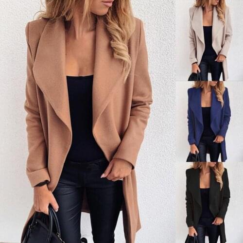 Women Oversize Coat Solid Color Belt Autumn Winter Large Lapel Waist Tied Long Coat for Office