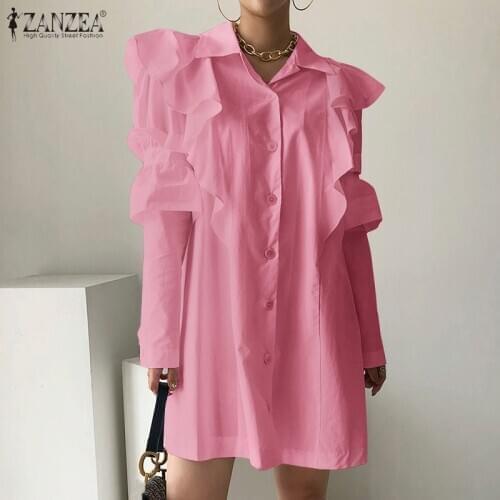 ZANZEA Women Irregular Dress 2021 Autumn Ruffle Mini Vestidos Casual Solid Long Sleeve Sundress Ladies Stylish Robe Oversize