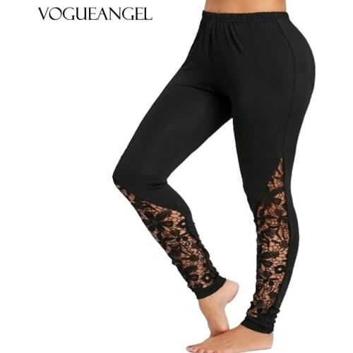 Plus Size S-5XL Sexy Women Holllow Out Lace Leggings Sexy High Waist Bandage Pants Insert Sheer Leggings Viscose Elastane