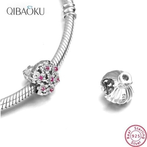 925 Sterling Silver Beads Romantic Flower Pink Charm Bead Suitable for Bracelet Necklace DIY Jewelry Zircon Halloween Jewelry
