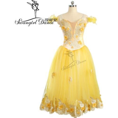 Girls women adult long tutu floral yellow classical fairy romantic tutu dress stage ballet tutu costumes BT9167