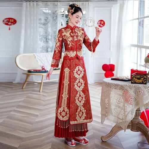 Luxury Ancient Royal Oriental QiPao Traditional Bride Red Appliques Beading Cheongsam Chinese Style Wedding Dress