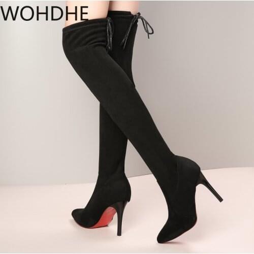 2020 Winter Over The Knee Women Boots Stretch High Heel Slip on Shoes Pointed Toe Woman Long Boots Faux Suede Thigh High Booties