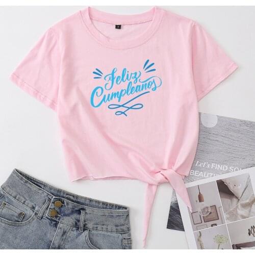 Feliz Cumpleanos Knotted Crop Top Shirt Womens Summer Short Sleeve Cotton T-Shirt Cropped Tops Graphic Tee with Front Tie Knot